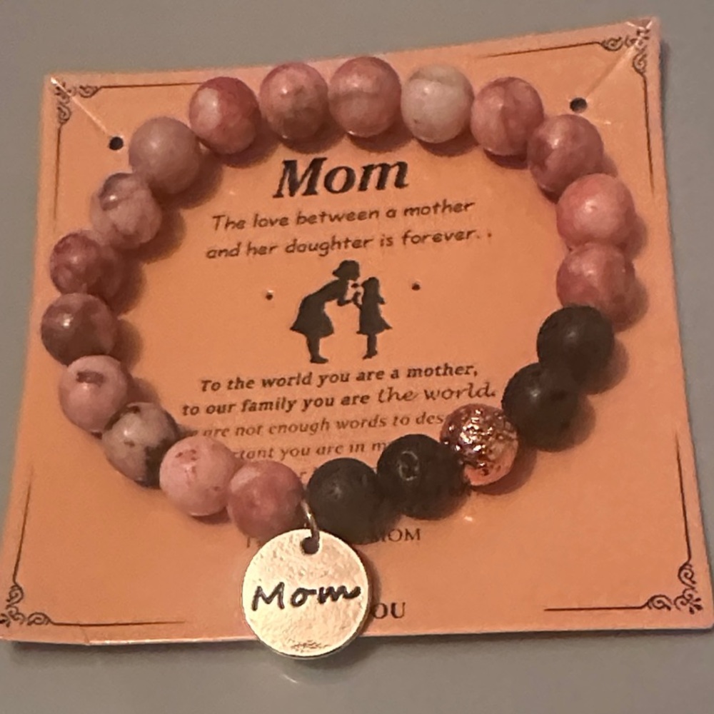 Fashion Jewelry, Chic Pink and Black Beaded Bracelet with 'Mom' Charm